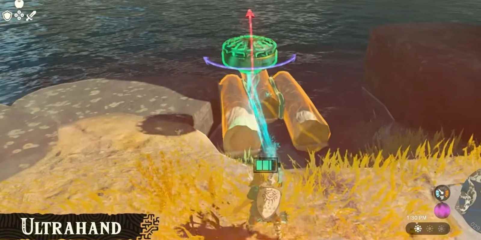 Zelda TOTK Link, Ultrahand yeteneğini sal yapmak için kullanıyor
