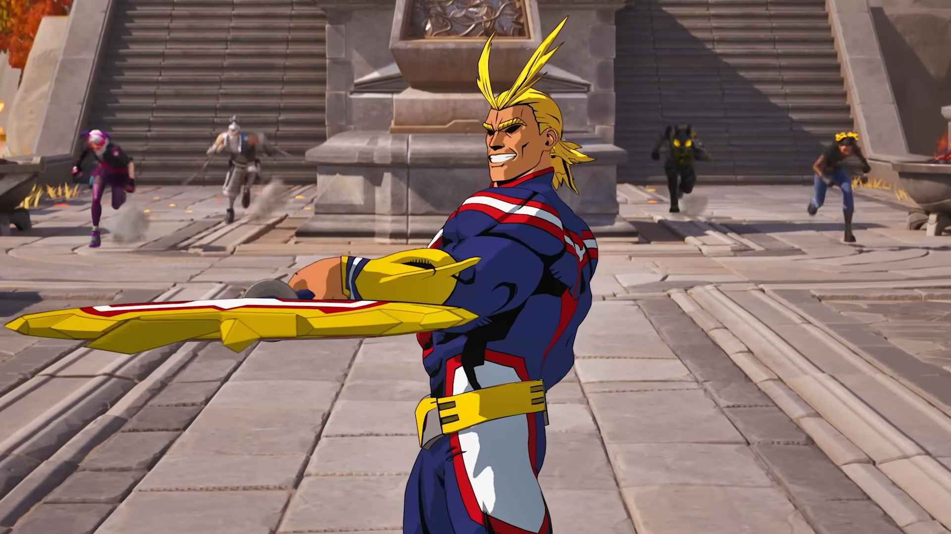 En iyi platformlar arası oyunlar: Fortnite.  Resim, All-Might'ı oyunda, elinde bir silahla gösteriyor.