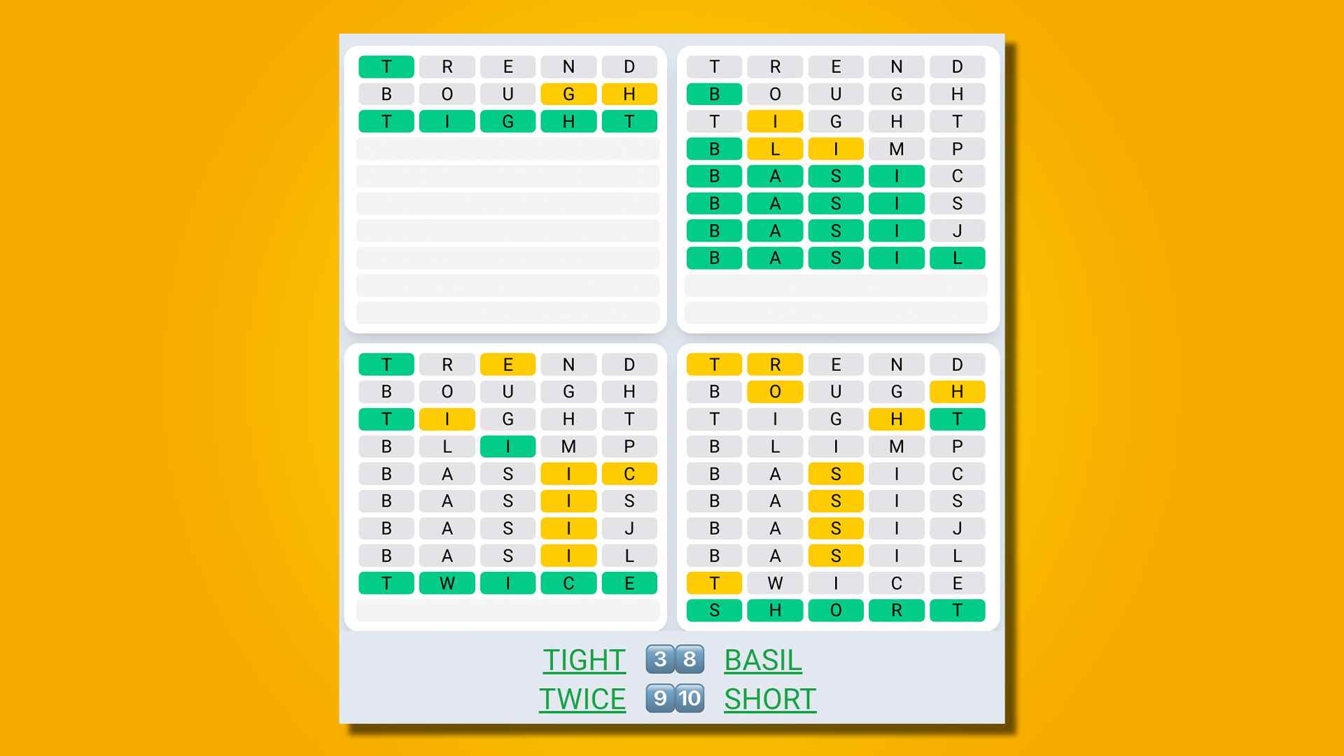 Quordle Daily Sequence, sarı bir arka plan üzerinde 484 numaralı oyun için cevaplar