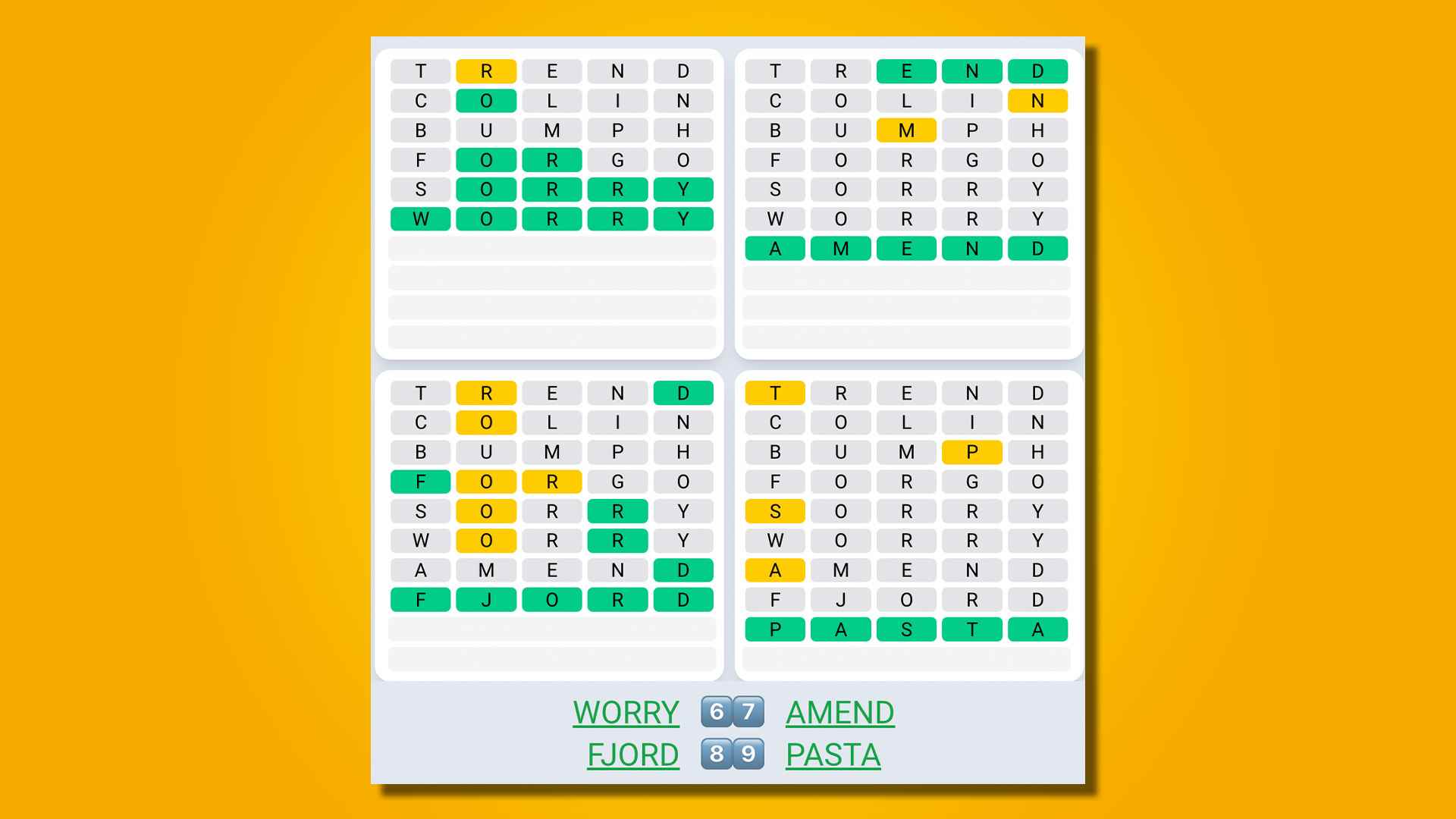 Quordle Daily Sequence, sarı bir arka plan üzerinde 486 numaralı oyun için cevaplar