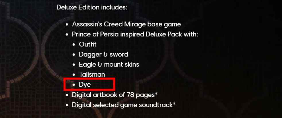 Assassin's Creed Mirage, yıllardır kaçırdığımız bir özelliği geri getiriyor: Assassin's Creed Mirage Deluxe Edition'dan bir ekran görüntüsü, boyanın dahil edildiğini vurguluyor