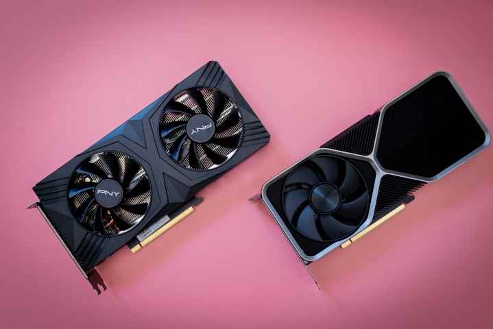 Pembe bir arka plan üzerinde Nvidia'nın RTX 4070 grafik kartları.