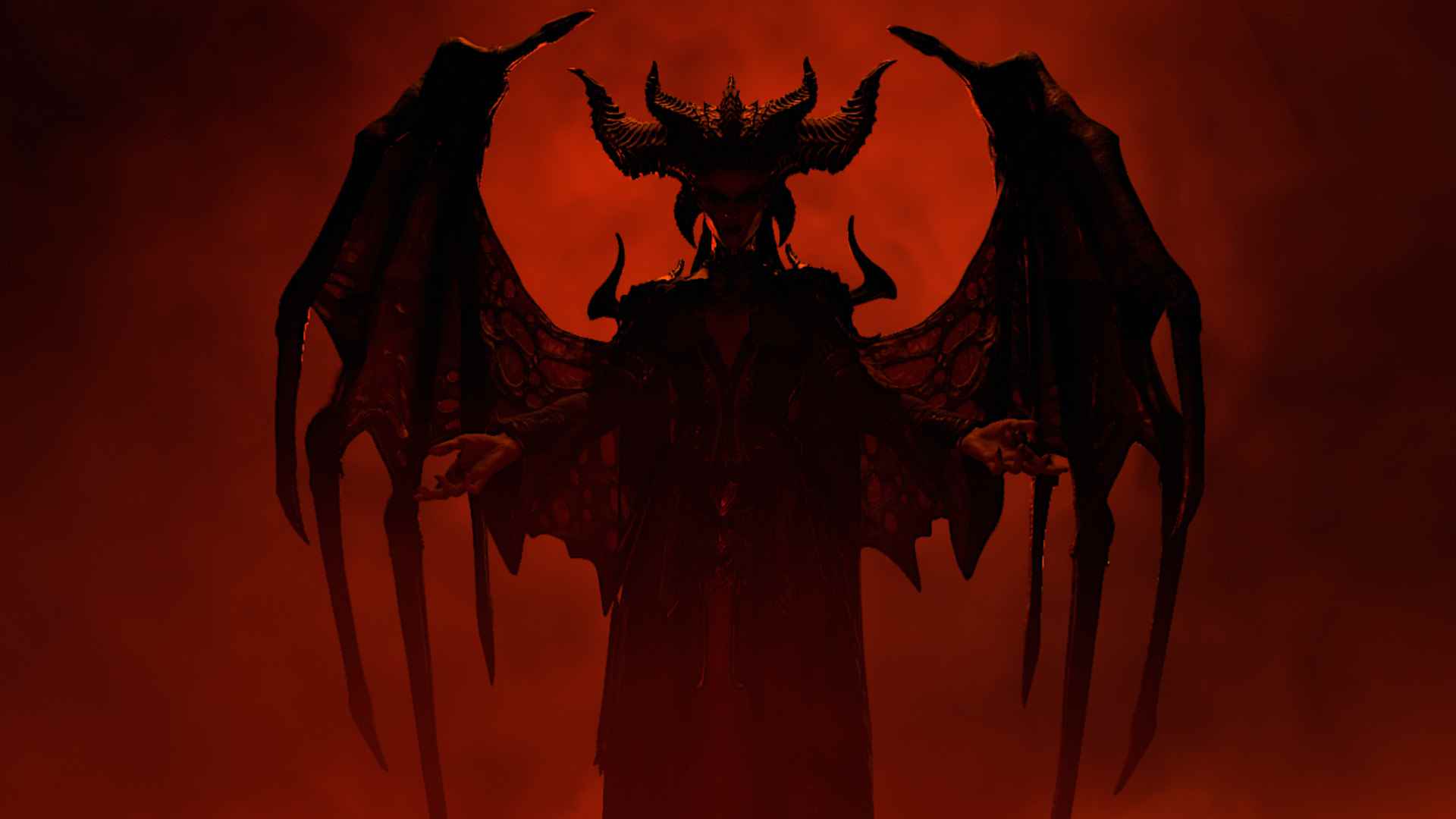 En iyi Diablo 4 ayarları: Lilith'in silueti, kan kırmızısı zeminle keskin bir tezat oluşturuyor