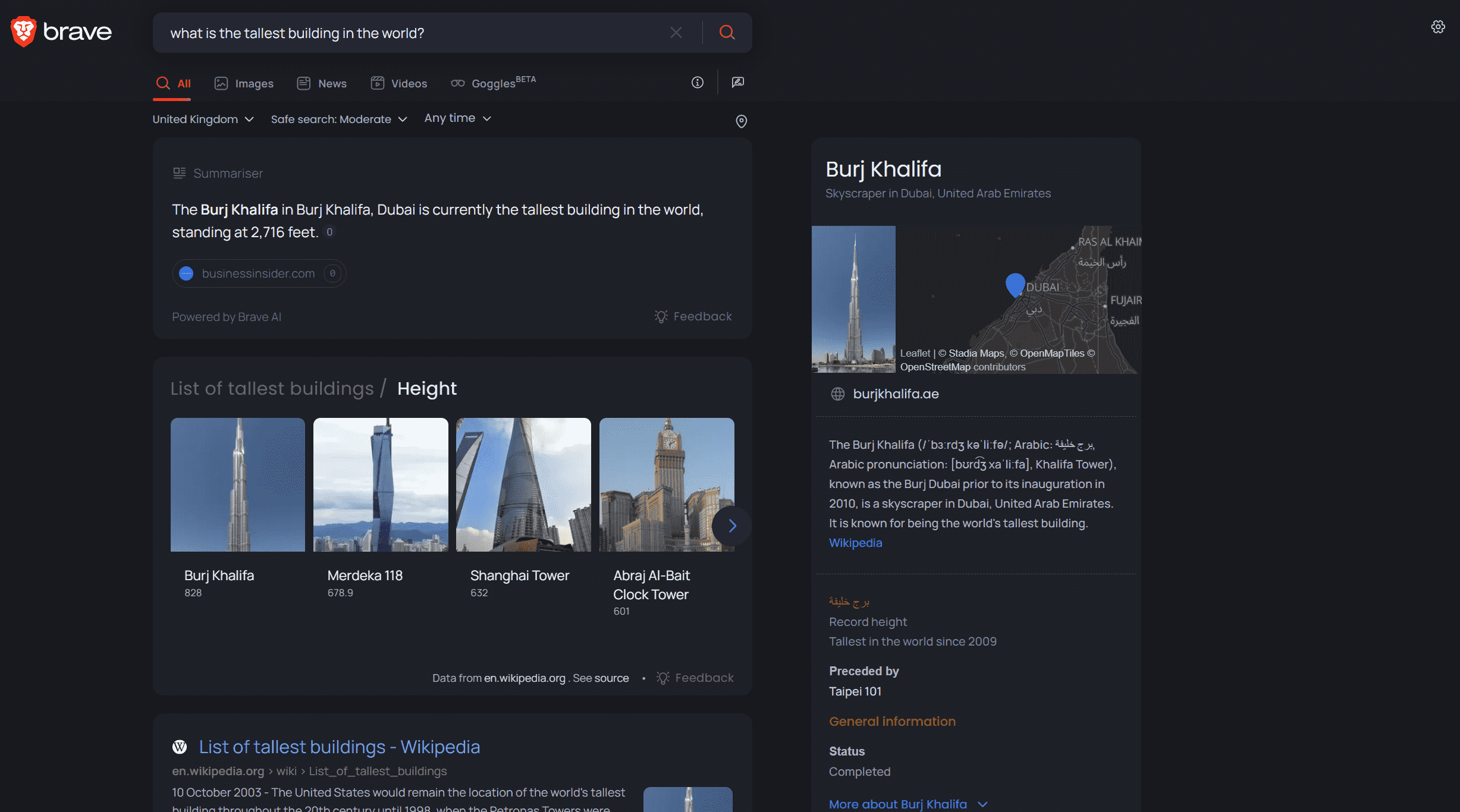 Brave Search AI destekli Summarizer aracı, dünyanın en yüksek binası hakkında bilgi gösteriyor