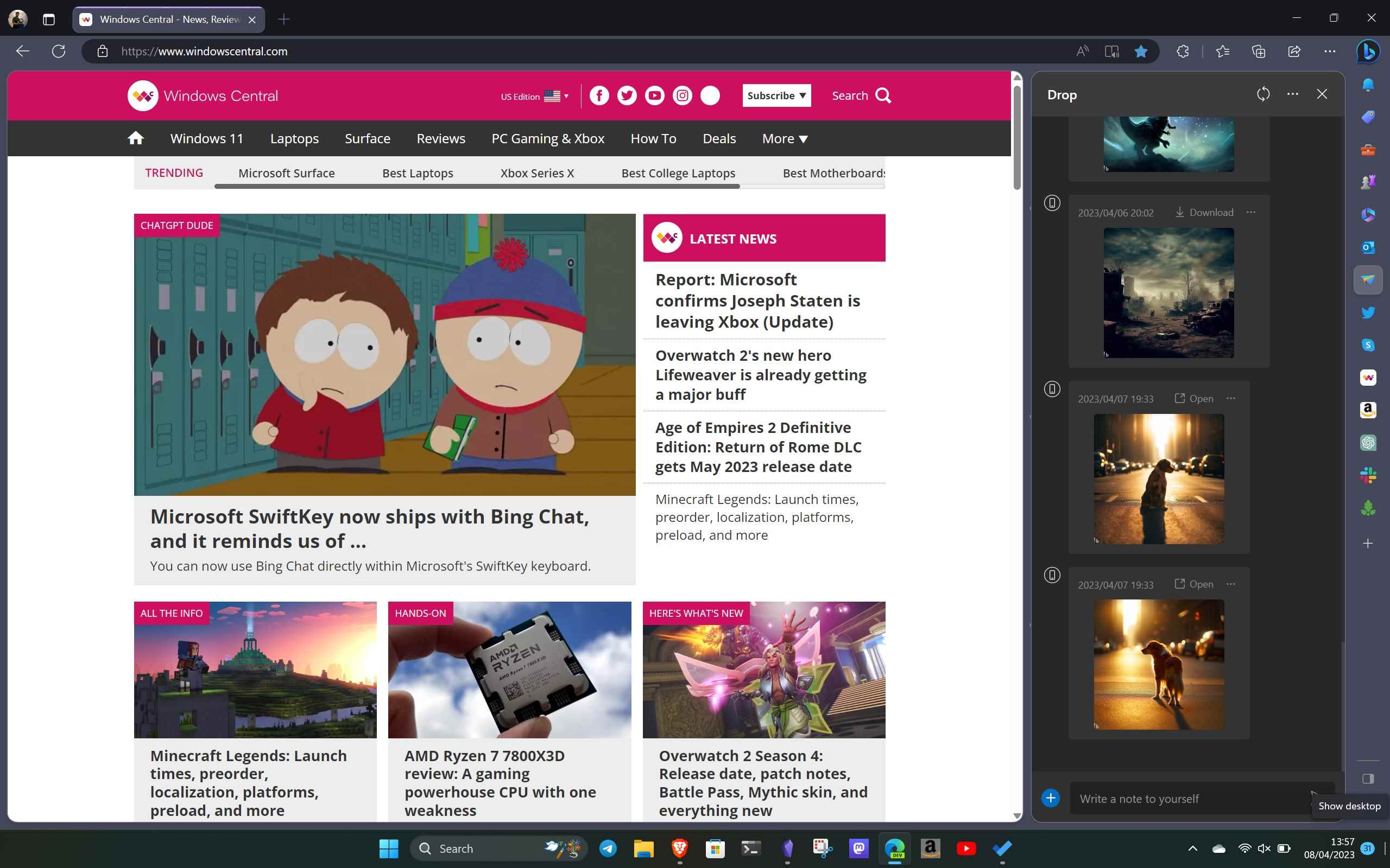 Drop'u gösteren Microsoft Edge kenar çubuğu