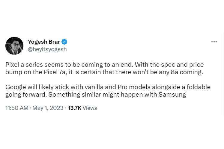 Leaker, Pixel 7a'nın Google'ın son a serisi telefonu olacağından 'emin'