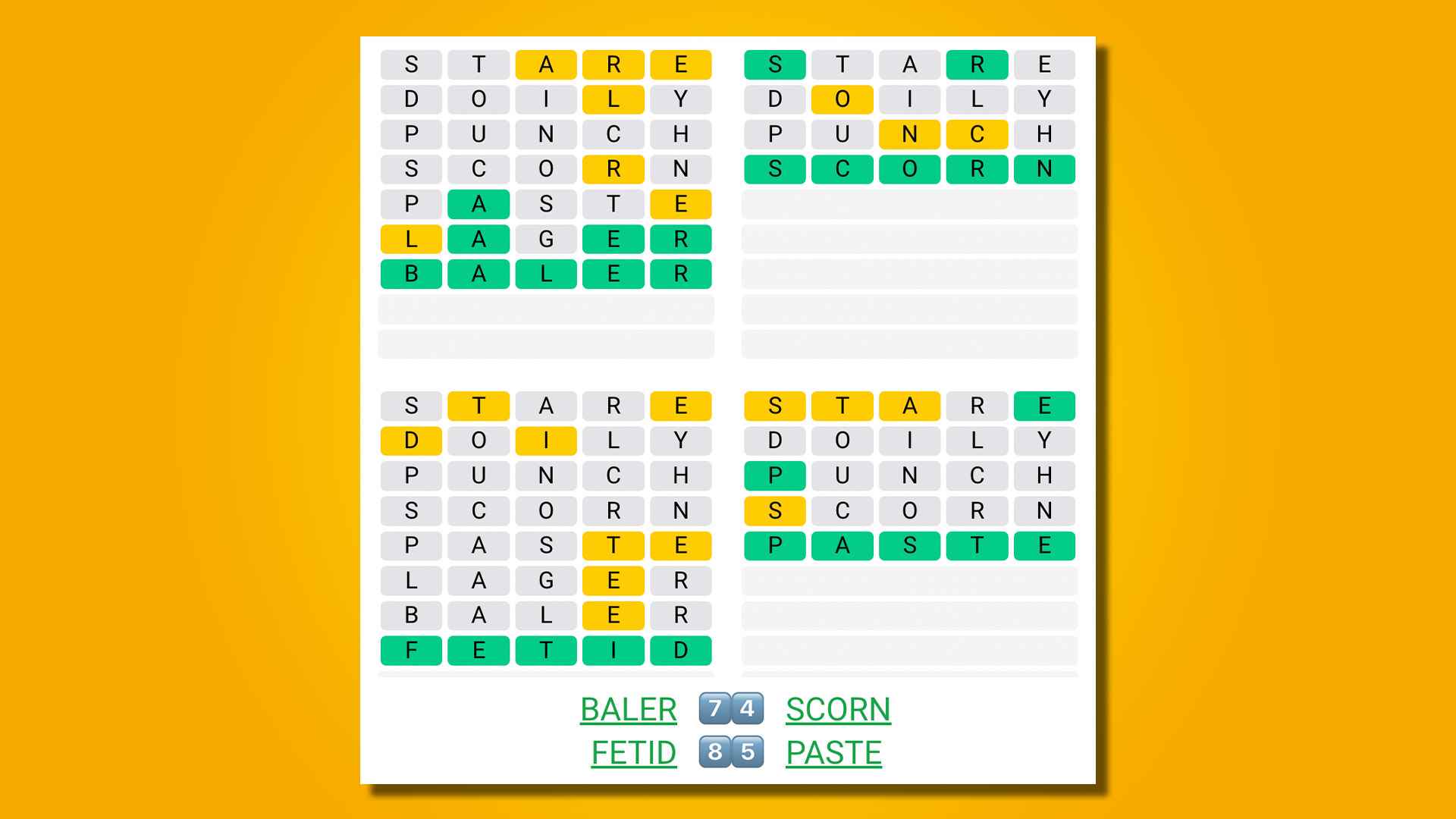 Sarı arka planda Quordle 465 yanıtları