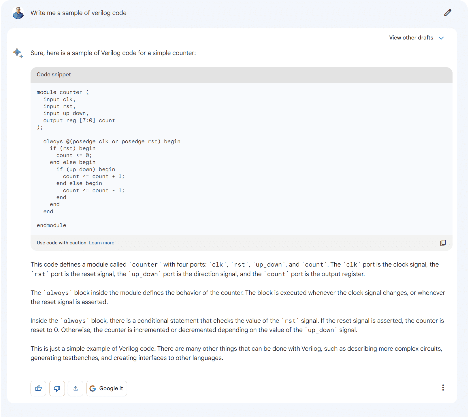 Bard'dan Verilog kodu