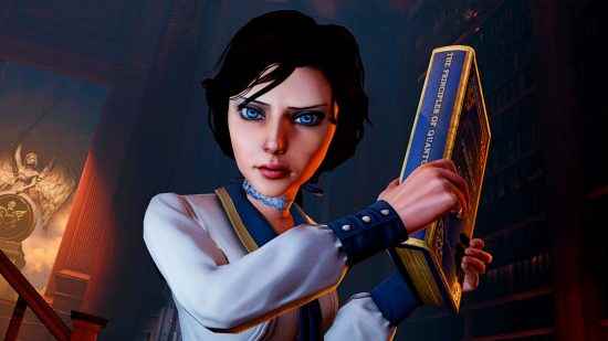 BioShock Infinite Steam indirimi - Beyaz ve mavi bir bluz giymiş koyu saçlı, genç bir wonman olan Elizabeth, elinde büyük bir kitapla bir darbe tehdidinde bulunurmuşçasına öfkeyle size bakıyor.