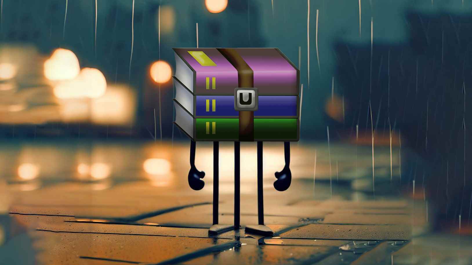 Yağmurlu bir arka plan gecesinde WinRAR logolu adam