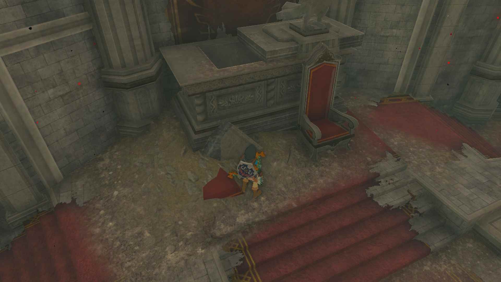 Zelda Efsanesi Krallığın Gözyaşları Bağlantısı Hyrule Castle Sanctum'da Tahtın Arkasındaki Şampiyonun Deri Gizli Bölmesine Bakmak