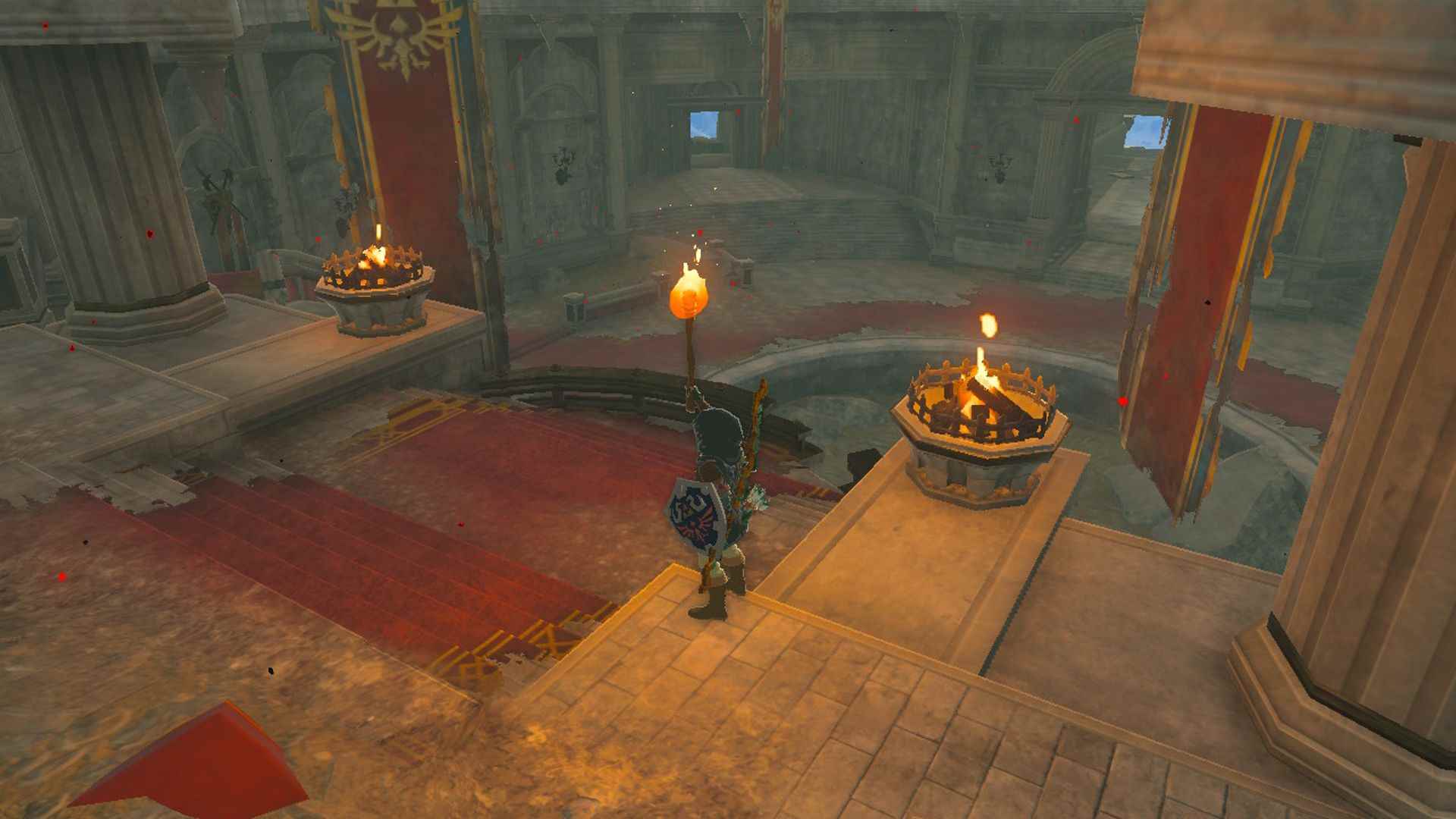 Zelda Efsanesi Krallığın Gözyaşları Hyrule Şatosu Sanctum-1'deki Tahtın Yakınındaki Mangalları Aydınlatıyor