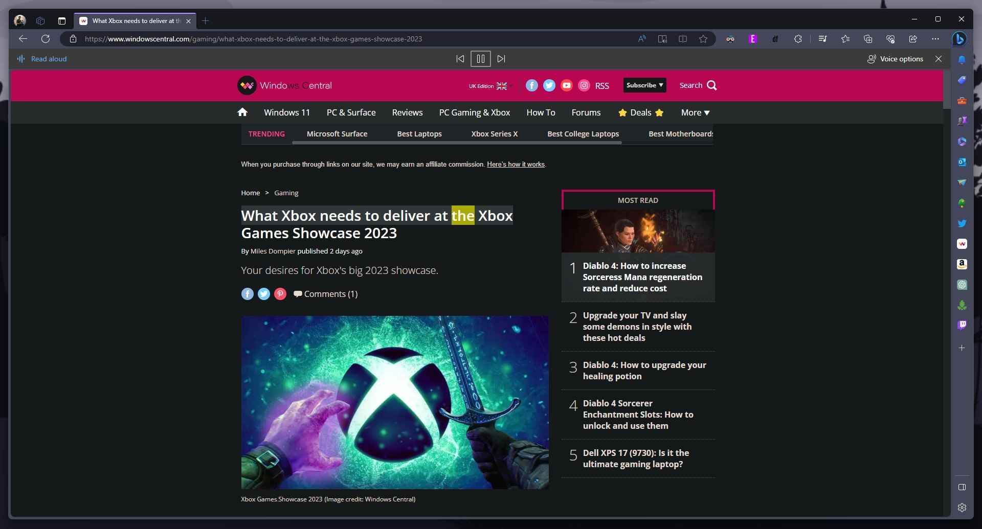 Windows Central'dan bir makaleyi okuyan Microsoft Edge Sesli Okuma özelliği