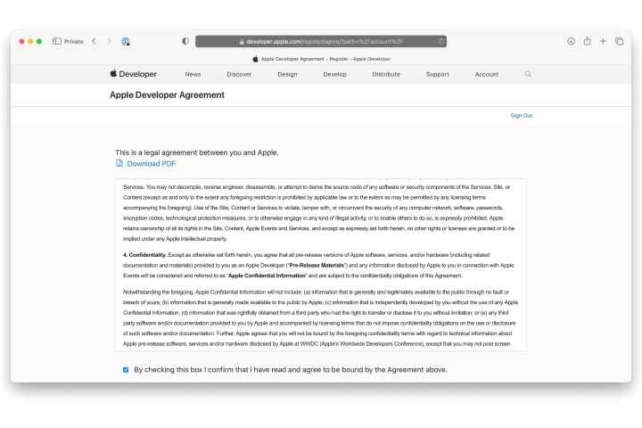 Mac'te Apple Geliştirici Anlaşmasını gösteren Safari.