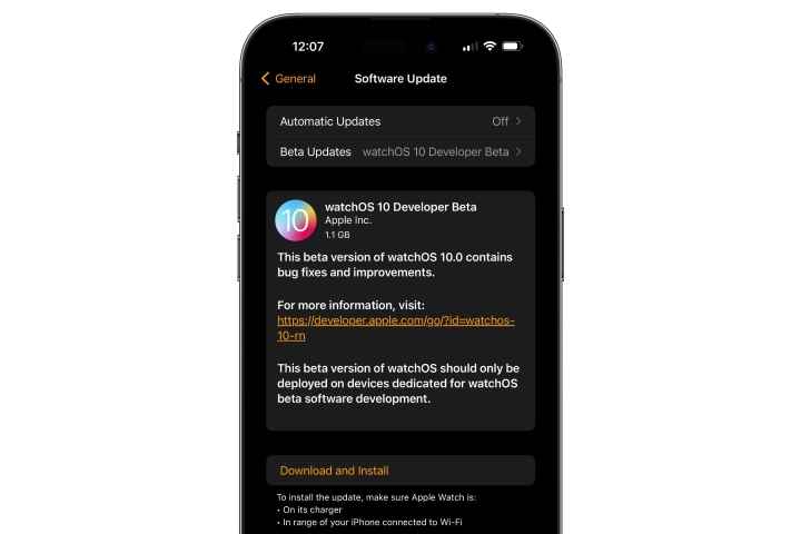 watchOS 10 geliştirici beta 1 yükleme ekranını gösteren iPhone.