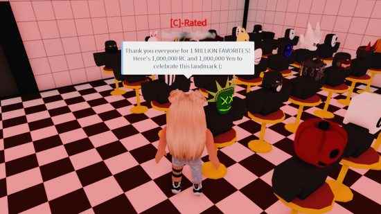 Roblox Ro Ghoul kodları: Ro Ghoul'da lokantada duran bir karakter, başının üzerinde bir mesaj okuyor 