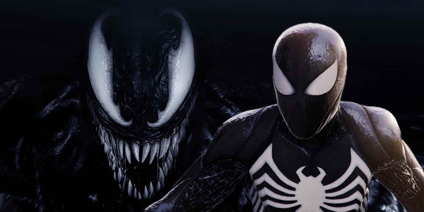 Peter Parker, Marvel's Spider-Man 2'den Symbiote kostümü giymiş ve Venom, arkasında karanlıkta beliriyor.