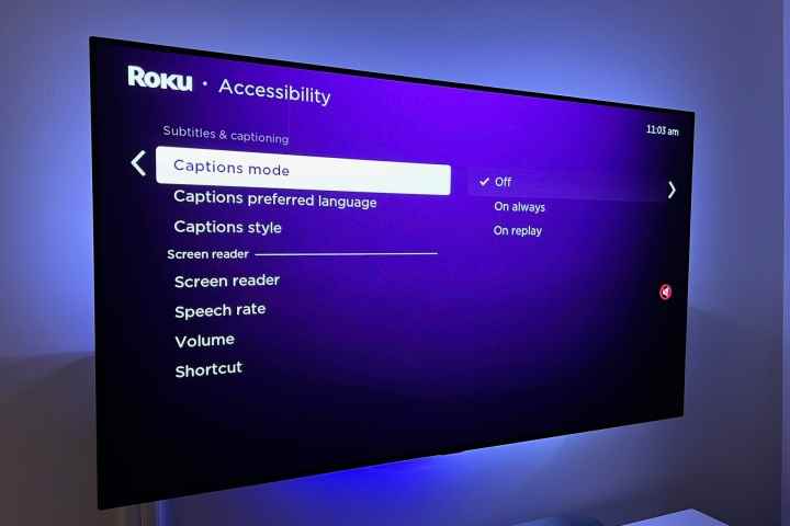 Altyazı modu Kapalı olarak ayarlanmış Roku Erişilebilirlik ayarları.