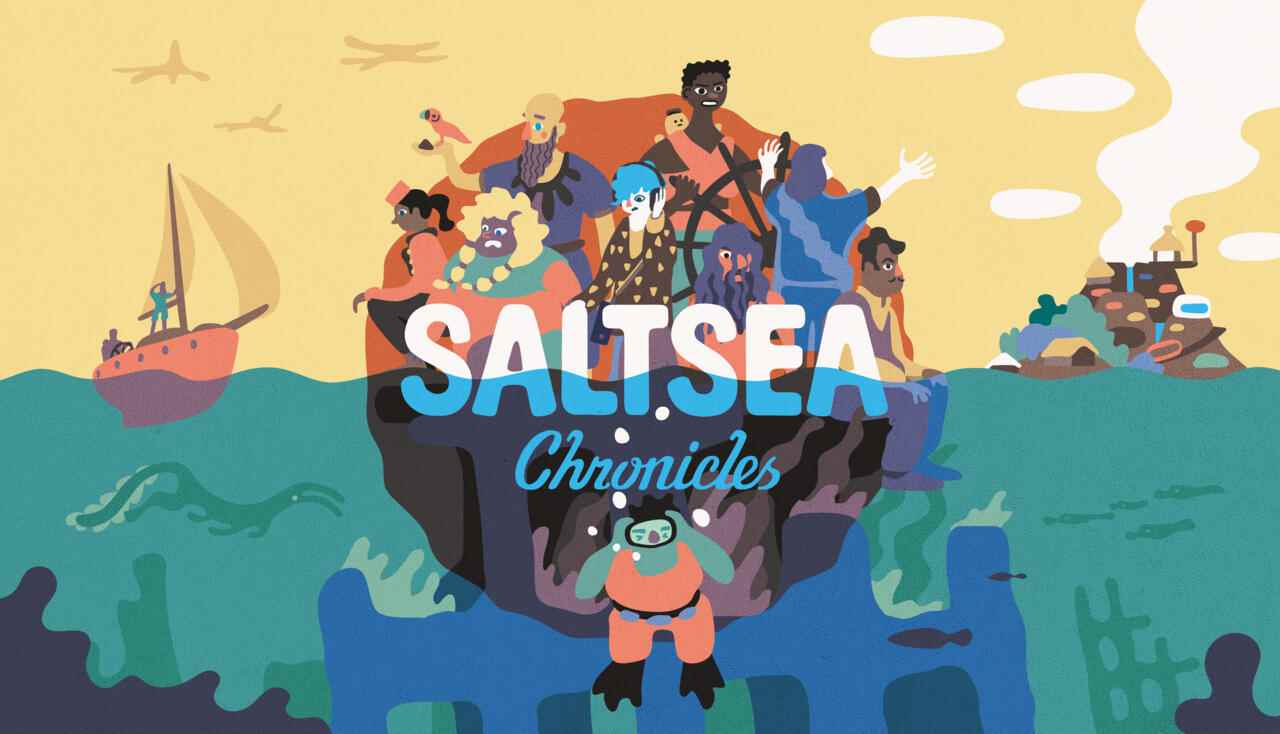Saltsea Chronicles ekibi oyunun logosunun arkasında duruyor.