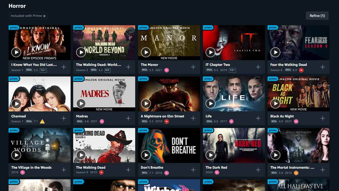 Korku filmlerini ve şovlarını gösteren Amazon Prime Video menüsü