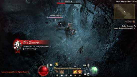 Bir ayıcık, Spiral Crypts'te bir grup elit iskeletle mücadele ederken tam sağlıkta kalmak için Diablo 4 Fortify durum etkisine güvenir.