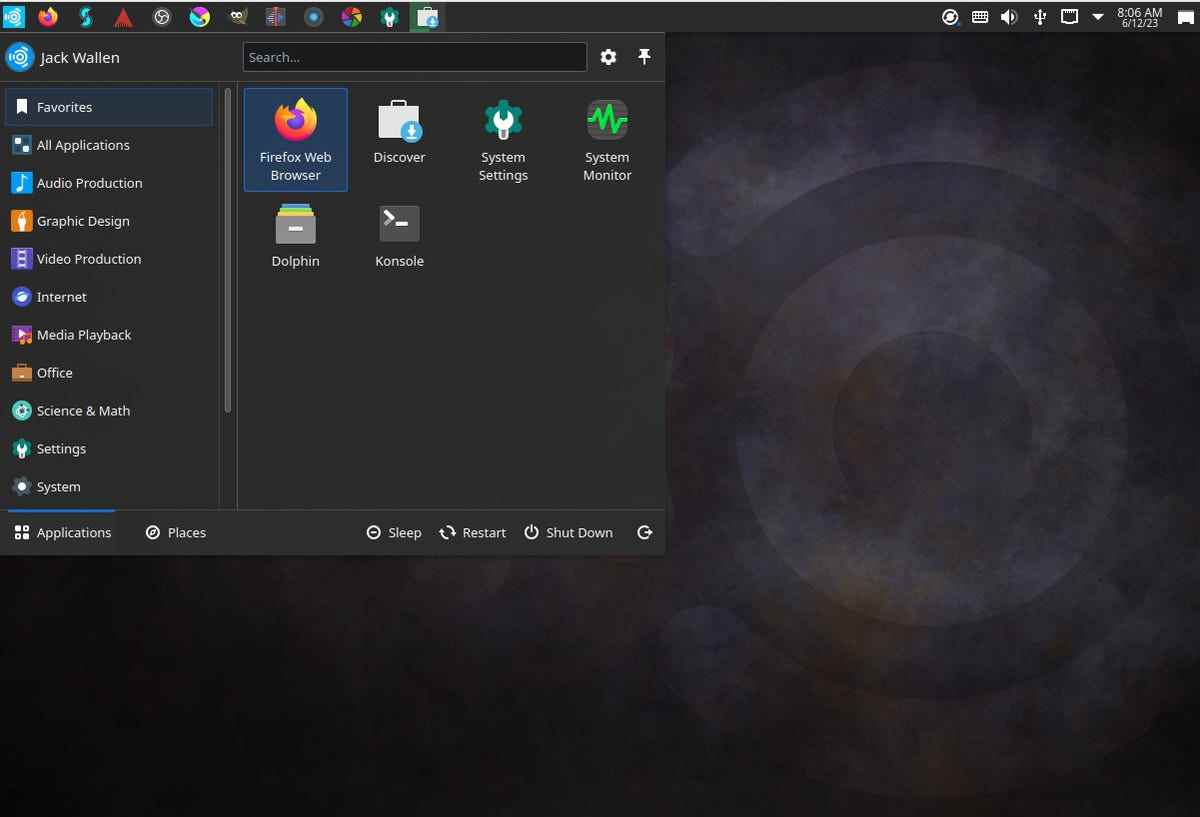 Ubuntu Studio masaüstü menüsü.