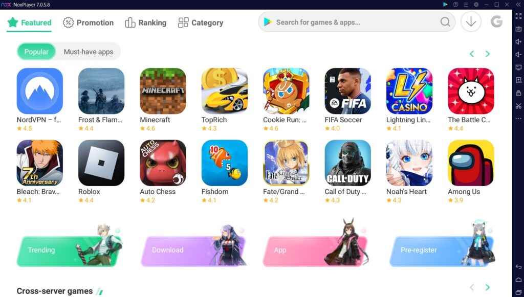 Windows 10'da çalışan bir öykünücü olan NoxPlayer. Call of Duty: Mobile dahil olmak üzere şu anda popüler olan uygulamaları ve oyunları gösterir.