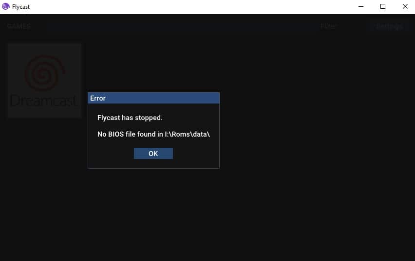 Bir emülatör olan Flycast, BIOS dosyalarını varsayılan klasörde bulamadığına dair bir uyarı mesajı gösteriyor.