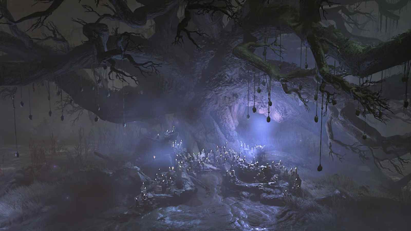 Diablo 4'teki Fısıltılar Ağacı, dallarından sarkan süslemelerle, mumlar ve mor sisle çevrili budaklı, ölü bir ağaçtır.