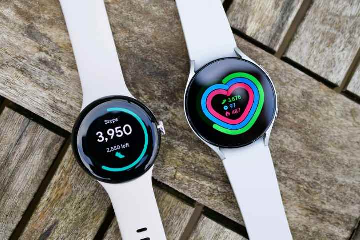 Pixel Watch ve Galaxy Watch 5'teki günlük etkinlik ekranları.