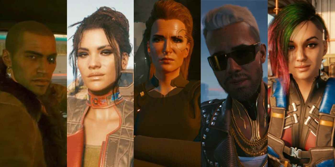 Cyberpunk 2077'den River, Panam, Meredith, Kerry ve Judy'nin yakın çekim görüntülerinden oluşan bir kolaj.