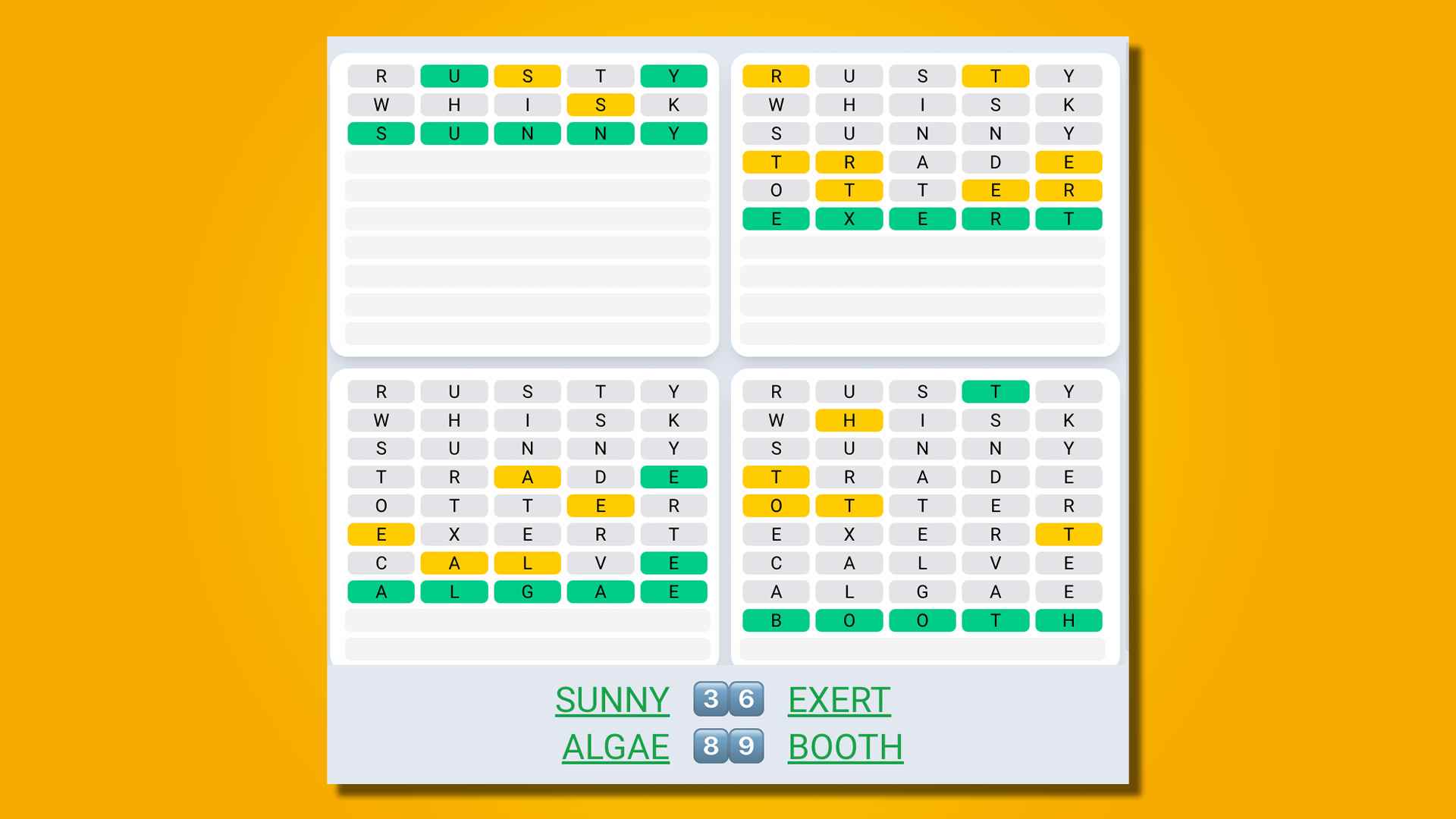 Quordle Daily Sequence, sarı bir arka plan üzerinde 520. oyun için cevaplar