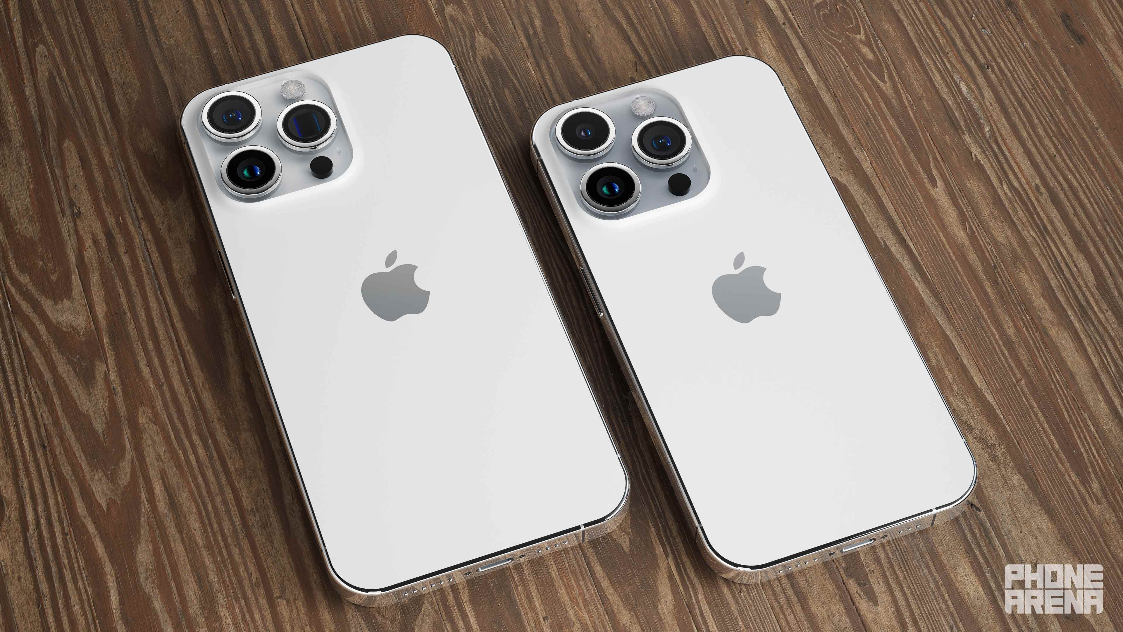 iPhone 15 Pro Max solda ve iPhone 15 Pro sağda.  Kamera çıkıntısının sağ kenarına yakın lens arasındaki farka dikkat edin.  - İşte beklenen tüm iPhone 15 tasarım değişiklikleri görselleştirildi