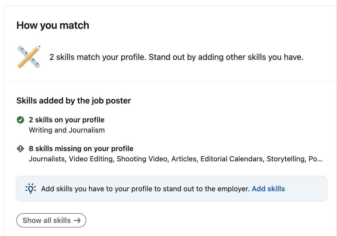 göstermek için LinkedIn ekran görüntüsü "Beceri Eşleştirme" bir iş teklifi ve aday profili ile 