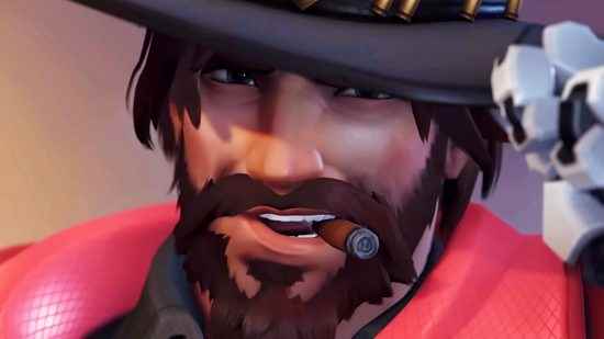 Overwatch 2 - kovboy Cassidy bir puro içerken şapkasını eğiyor.