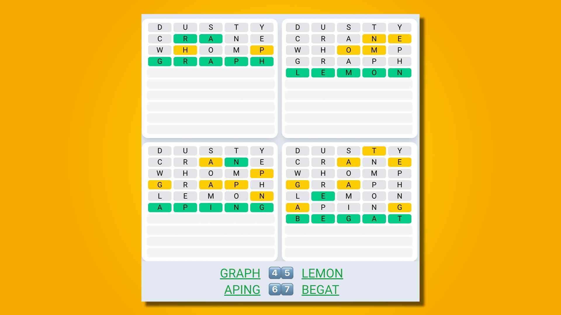 Sarı bir arka plan üzerinde oyun 525 için Quordle günlük sıra cevapları