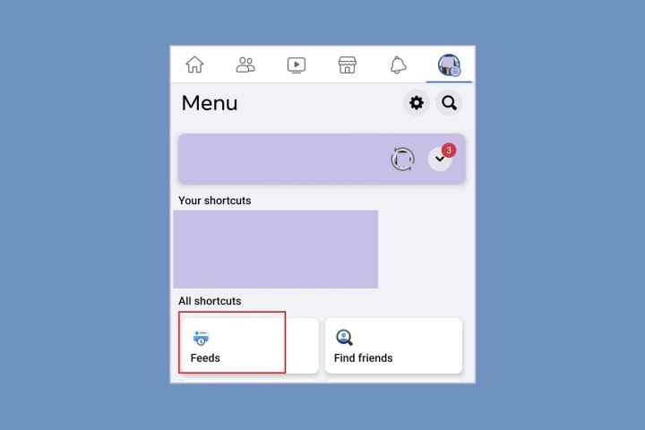 Android için Facebook mobil uygulamasındaki Menü ekranında Beslemeler seçeneğini belirleme.
