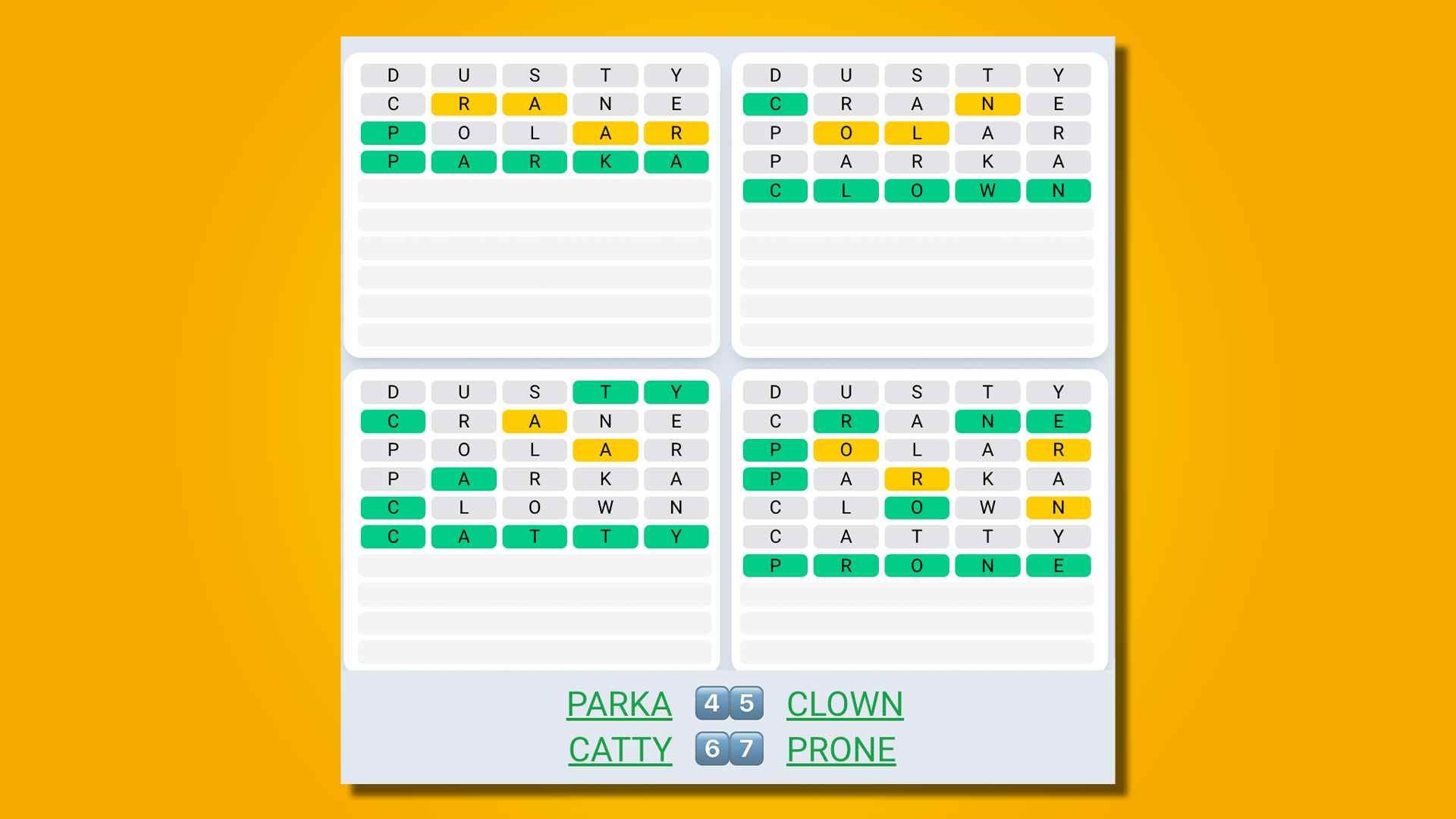 Quordle Daily Sequence, sarı bir arka plan üzerinde 526. oyun için cevaplar