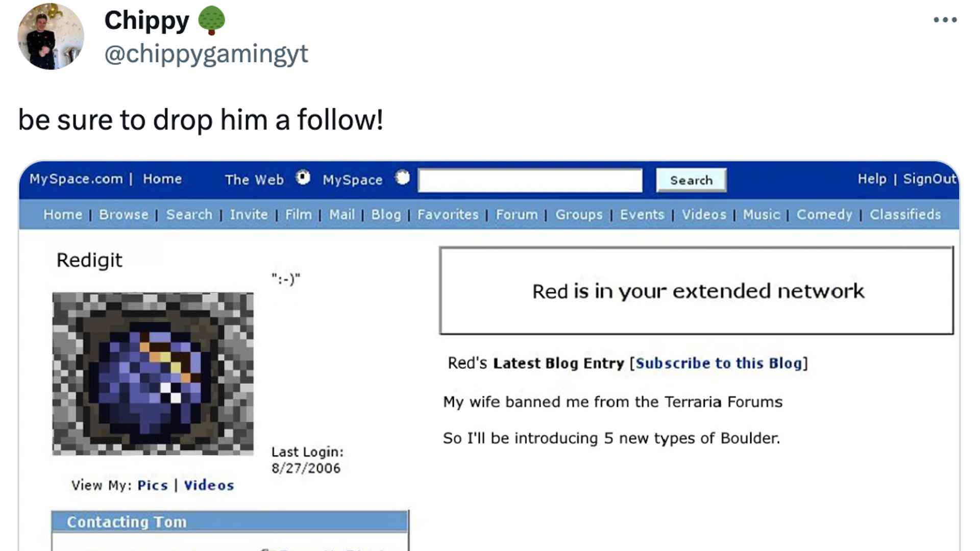 Chippy'nin Twitter'da Redigit profilinin MySpace ekran görüntüsünü gösteren gönderisi