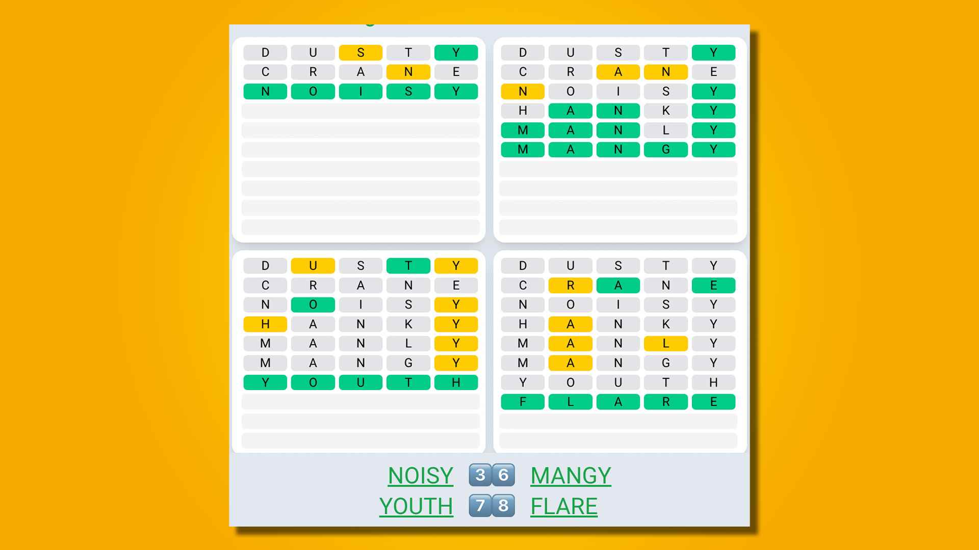 Quordle Daily Sequence, sarı bir arka plan üzerinde 528 numaralı oyun için cevaplar