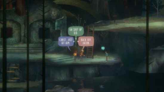 Oxenfree 2 incelemesi: Riley ve Jacob, Riley'nin başının üzerinde Jacob'ı geri adım atmaya veya yumruk atmaya teşvik eden diyalog seçenekleriyle gençlerden biriyle yüzleşir.