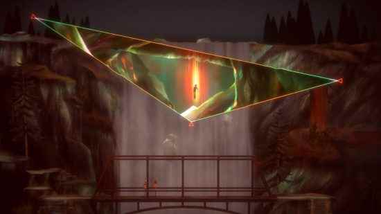 Oxenfree 2 incelemesi: Riley ve Jacob bakarken bir köprünün üzerindeki üçgen yarıktan çıkan The Sunken'ın ışığında tutulan gençlerden biri havada asılı duruyor.