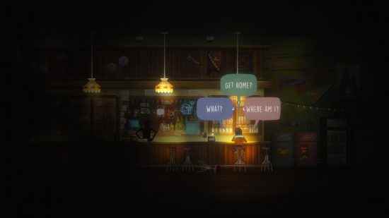 Oxenfree 2 incelemesi: Riley pis bir dalış barında oturuyor, diyalog seçenekleri, gölgeli bir barmen yakınlarda elleri kalçalarında dururken kafa karışıklığını ifade ediyor.