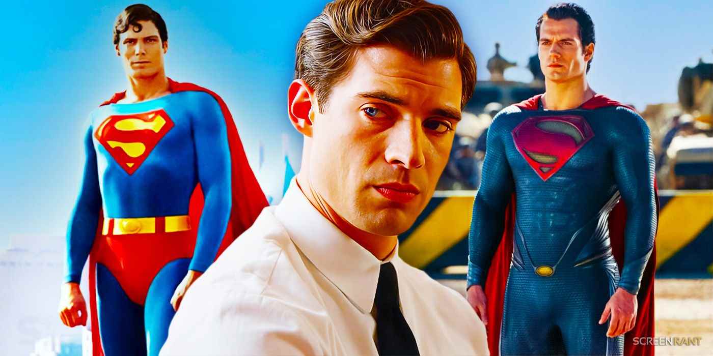 Her iki tarafta Christopher Reeve ve Henry Cavill'in Süper Adamları ile David Corenswet'in özel görüntüsü.