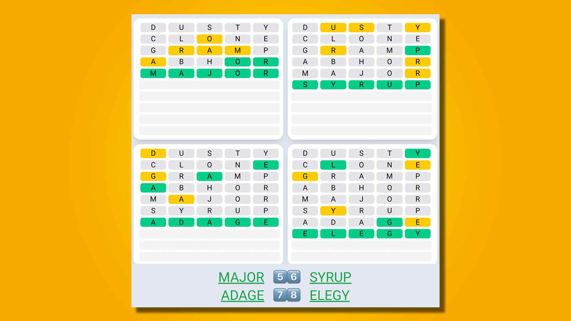 Sarı bir arka plan üzerinde oyun 536 için Quordle günlük sıra cevapları