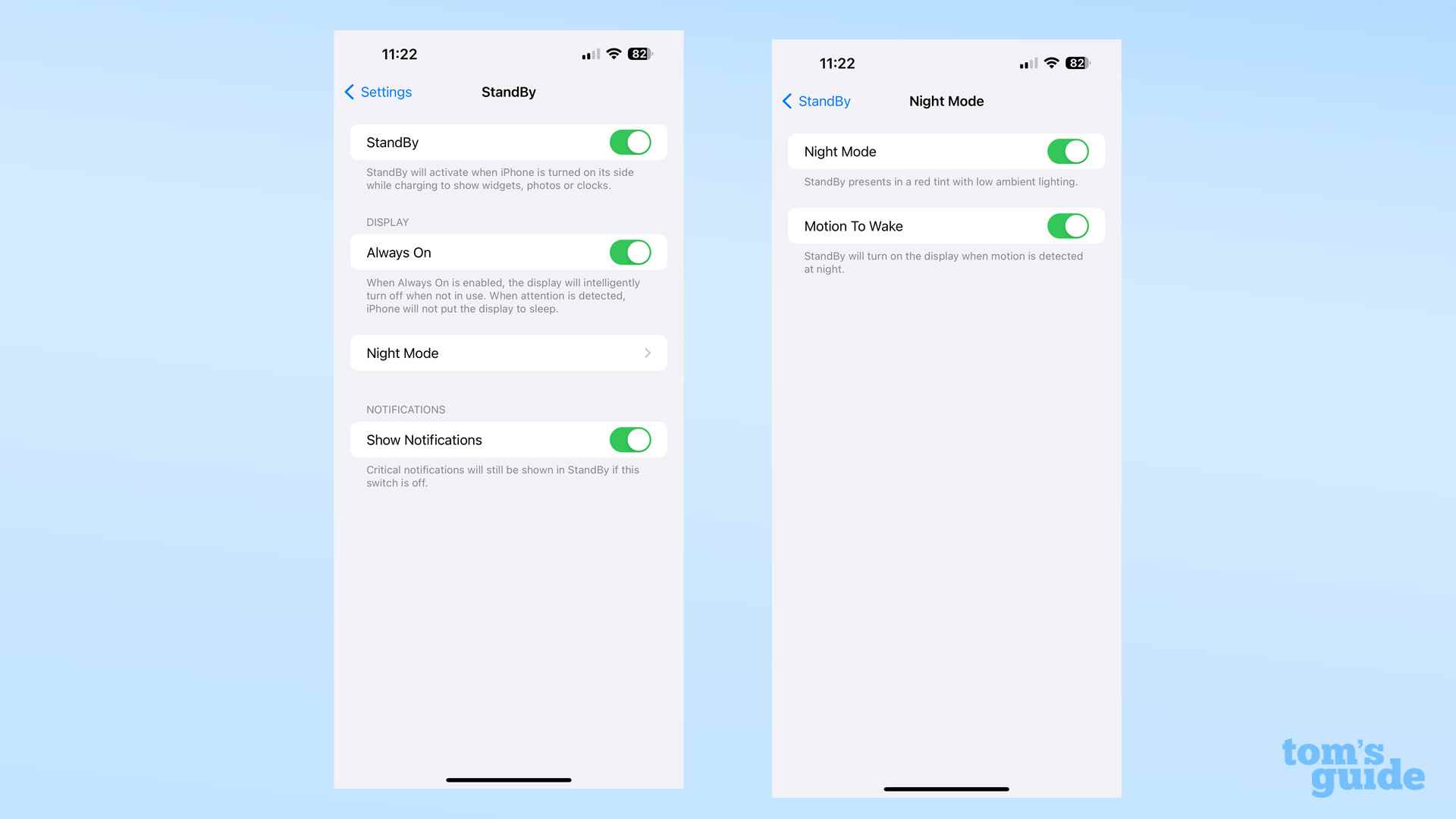 iOS 17'deki Bekleme seçeneklerini gösteren iki ekran görüntüsü