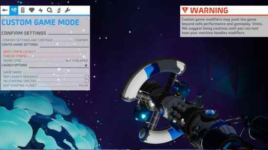 Astroneer Özel Oyunlar güncellemesi - uzay sanal macerasında tamamen özelleştirilmiş yeni bir oyun oluşturmak için menüleri gösteren ekran görüntüsü.