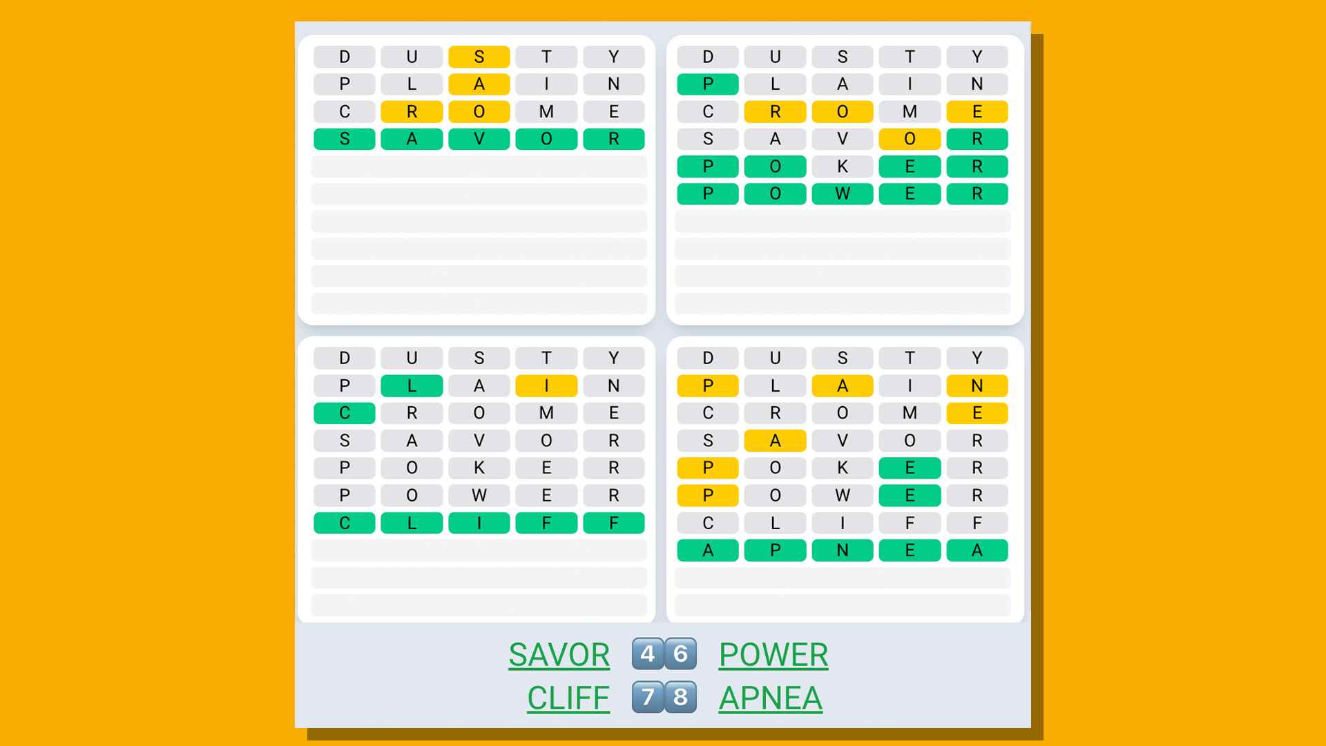 Sarı bir arka plan üzerinde 545 numaralı oyun için Quordle Daily Sequence cevapları