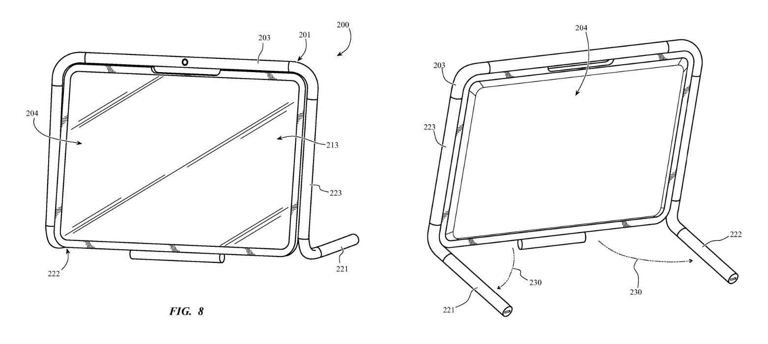Çevresel Muhafaza kılıfı, iPad için ayak oluşturmak üzere manipüle edilebilir, böylece eğilmeden masanın üzerinde durabilir - Apple, daha ince iPad tabletlere yol açabilecek yeni bir kılıf için patent aldı