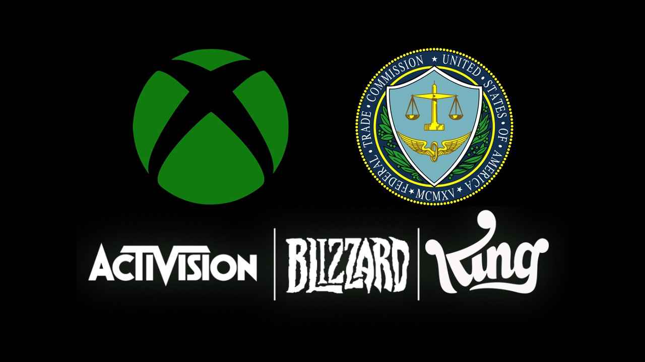 Siyah bir arka plan üzerinde Xbox, Activision Blizzard King ve FTC logoları